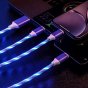 Кабель 3в1 для передачи данных зарядки телефона USB - Lighting/ Micro-USB/ Type-C/ c светящийся LED подсветкой голубой