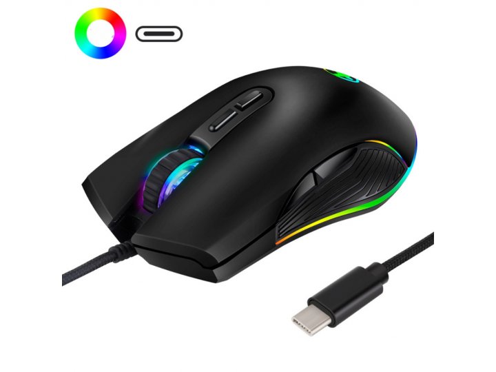 Игровая оптическая с LED подсветкой проводная мышь с выходом Type-C 800/3200 dpi черная..