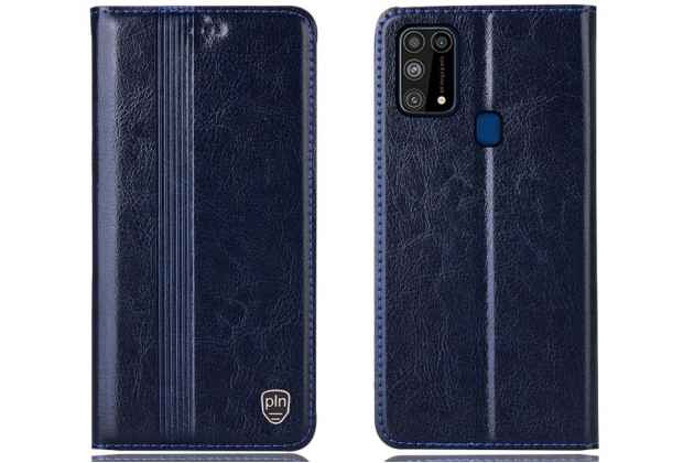 Чехол-книжка MyPads Premium для Samsung Galaxy M31 SM-M315 (2020) из качественной натуральной мраморной кожи буйвола прошитый элегантной прострочкой синий с магнитной крышкой. Только в нашем магазине. Количество ограничено