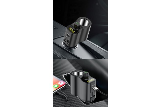 Автомобильный Bluetooth FM-трансмиттер MyPads-T01 c разветвителем c LED-дисплеем с двумя USB и Type-C разъемам с улучшенным звучанием черного цвета