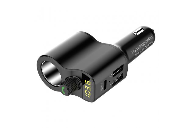 Автомобильный Bluetooth FM-трансмиттер MyPads-T01 c разветвителем c LED-дисплеем с двумя USB и Type-C разъемам с улучшенным звучанием черного цвета