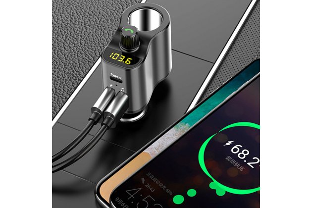 Автомобильный Bluetooth FM-трансмиттер MyPads-T01 c разветвителем c LED-дисплеем с двумя USB и Type-C разъемам с улучшенным звучанием черного цвета