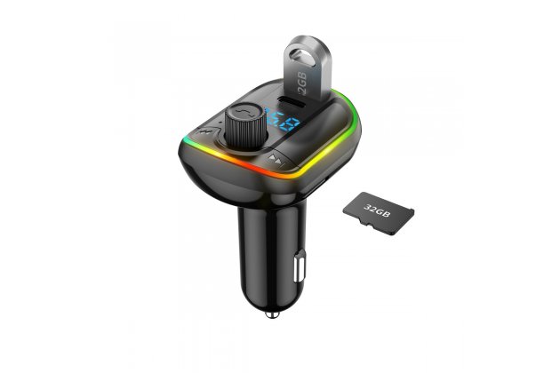 Bluetooth FM-трансмиттер MyPads-TX829 от прикуривателя с разноцветной подсветкой с LED-дисплеем с качественным звуком и функцией шумоподавления с поддержкой PD18W-Type-C черного цвета